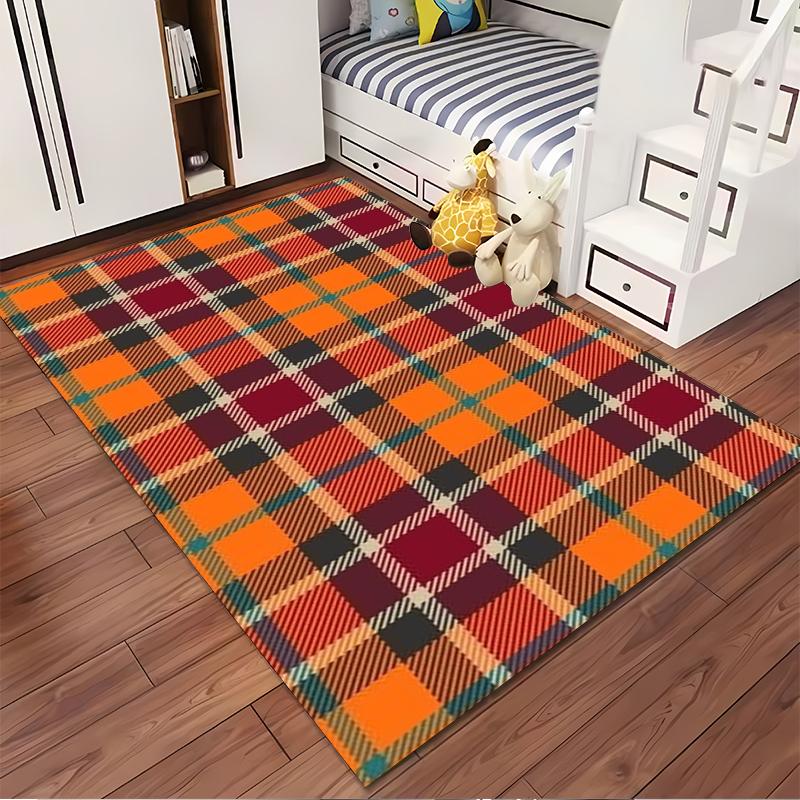 Plaid Pattern Carpet In Warm Orange and Red Tones, Modern Home Decor Suitable for Use As an Anti-slip for Living Room Bedroom Sofas