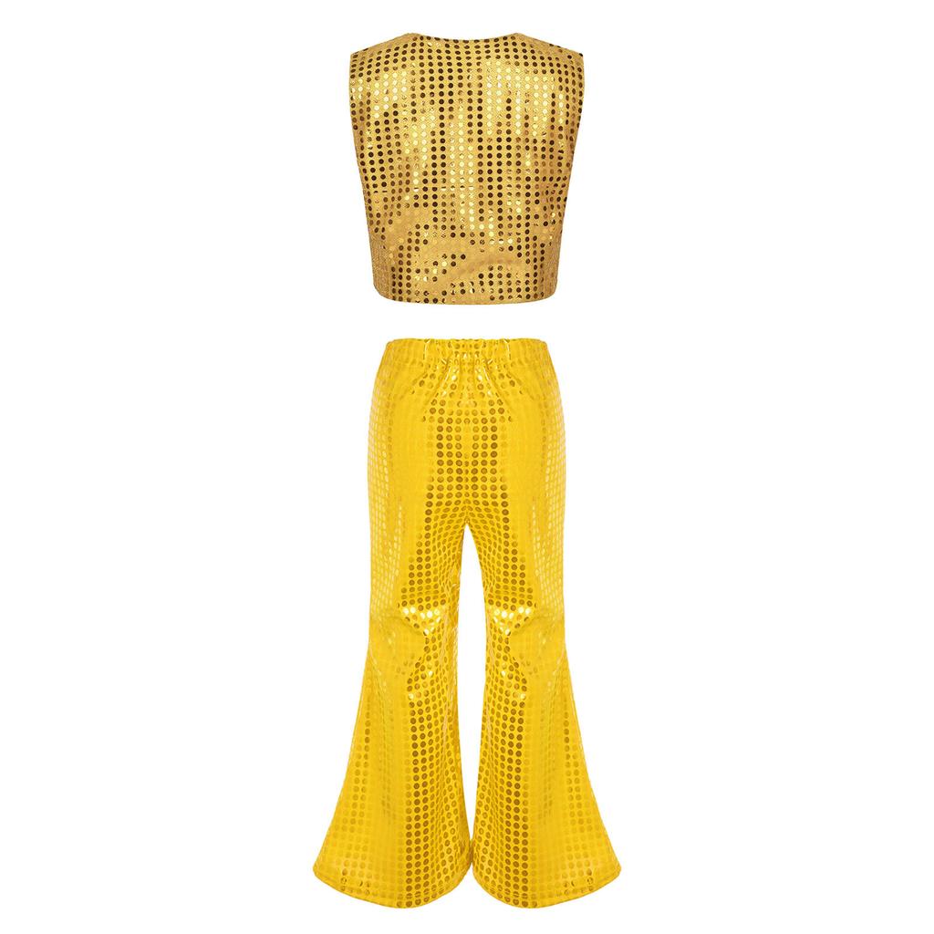 Kids Dance Costume Sparkly Sequined Waistcoat and Flowy Flared Pants Elastic Waistband Party Wear