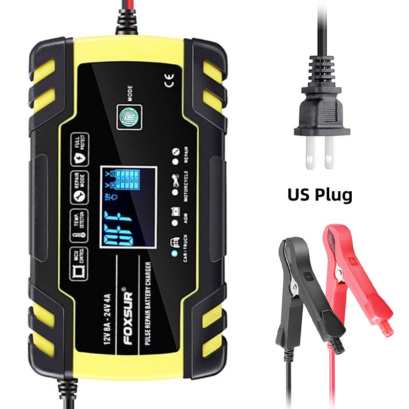

Интеллектуальное зарядное устройство для автомобильных аккумуляторов 12 В 4 А / 24 В 8 А для грузовиков, мотоциклов, автофургонов, лодок, AGM, свинцово-кислотных аккумуляторов с ЖК-дисплеем для импульсного ремонта US Plug жёлтый