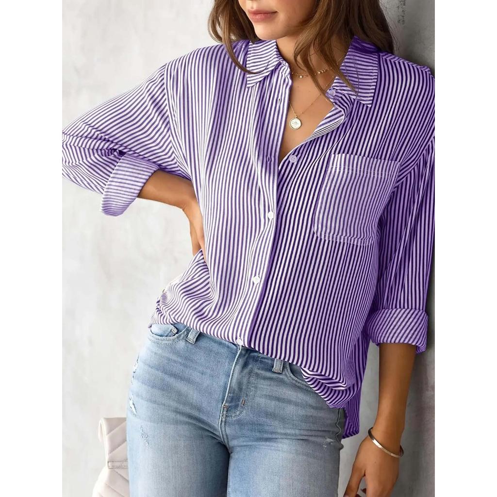 Printed Striped Cardigan, Casual Fashion Shirt, Loose Striped Women's Shirt, Work Shirt, Casual Long Sleeved Shirt