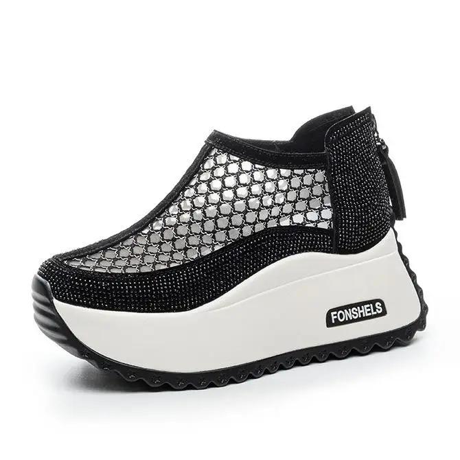 Fashion 8CM Microfiber Leather Ankle Boots Sandals Women Shoes Hollow ZIP Chunky Sneaker Platform Wedge Fashion Summer Bling Sandals