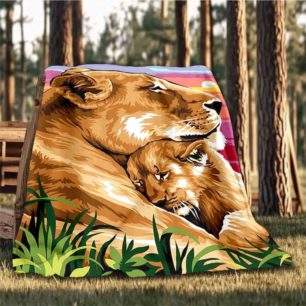 1 Stück Löwin Sonnenuntergang Überwurfdecke Polyesterfaser, Leichter Flanell, Weich & Warm, Ganzjahresnutzung für Draußen, Camping Digitaldruck