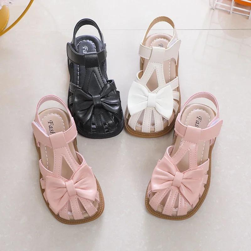 Cute Girls Sandals Bow Peep-toe New Soft Hook & Loop Beige Kids Princess Shoes Casual Sandals Cute Children Shoes Non-slip