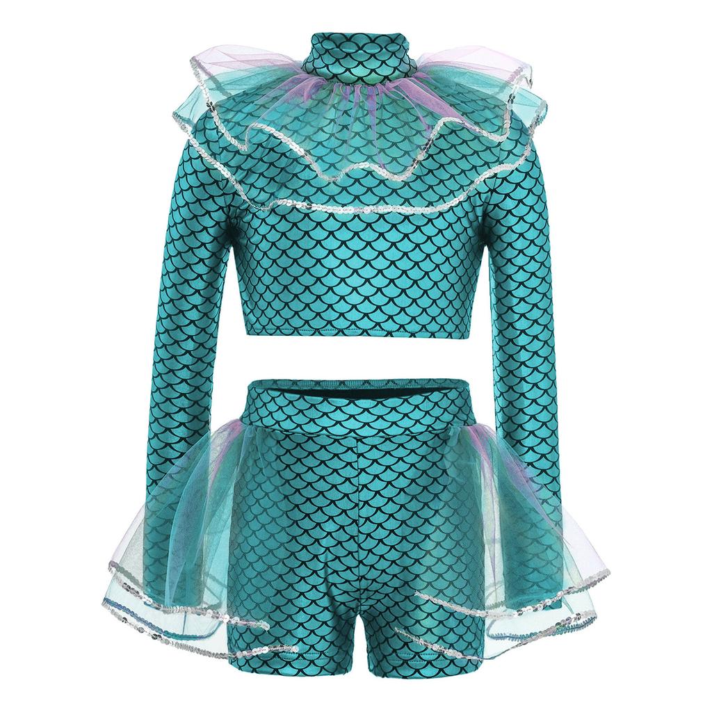 Ensemble Short et Crop Top Mailles Sequins Imprimé Écailles de Poisson Manches Longues Costume Cosplay Sirène pour Filles