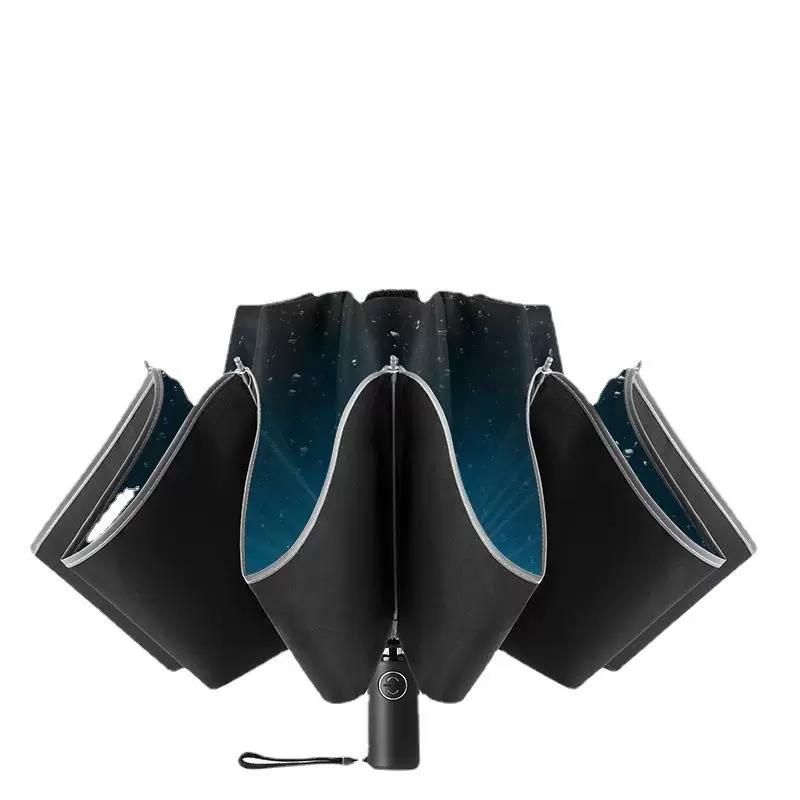 Flashlight Reverse Umbrella, Fully Automatic Umbrella, Reflective Business Umbrella, Black Rubber Anti-Sun Umbrella, Sunshade Umbrella