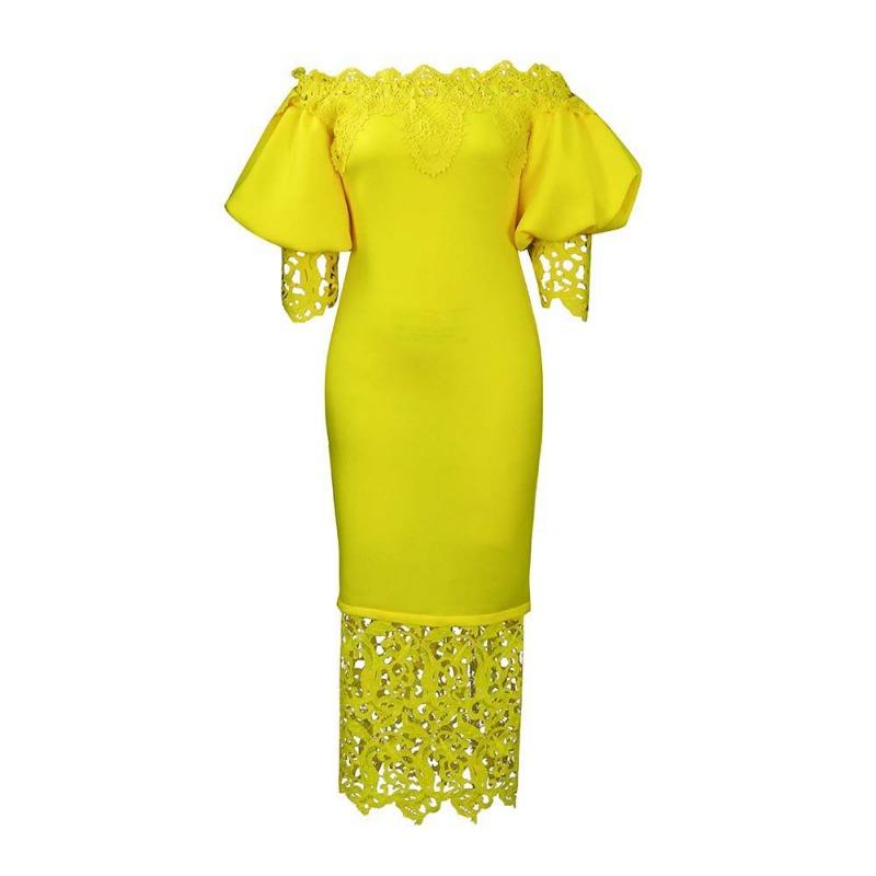 Plus Size Women Lace Spliced One Shoulder Lantern Sleeve Bridesmaid Midi Dress