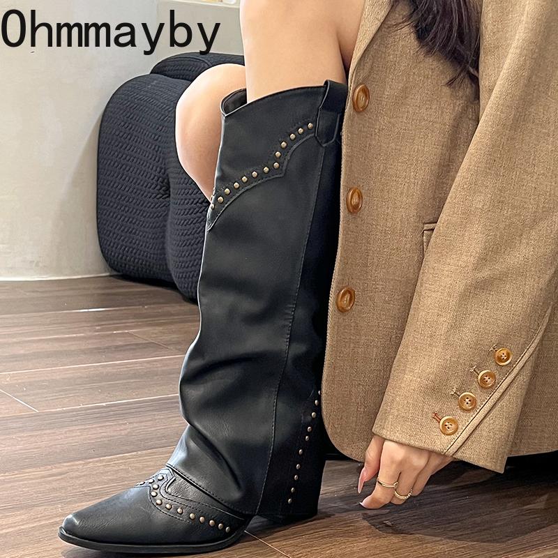 Retro Rivet Thick Heel Women Western Cowboy Fashion Slip on Knight Long Booties Autumn Winter De Mujer
