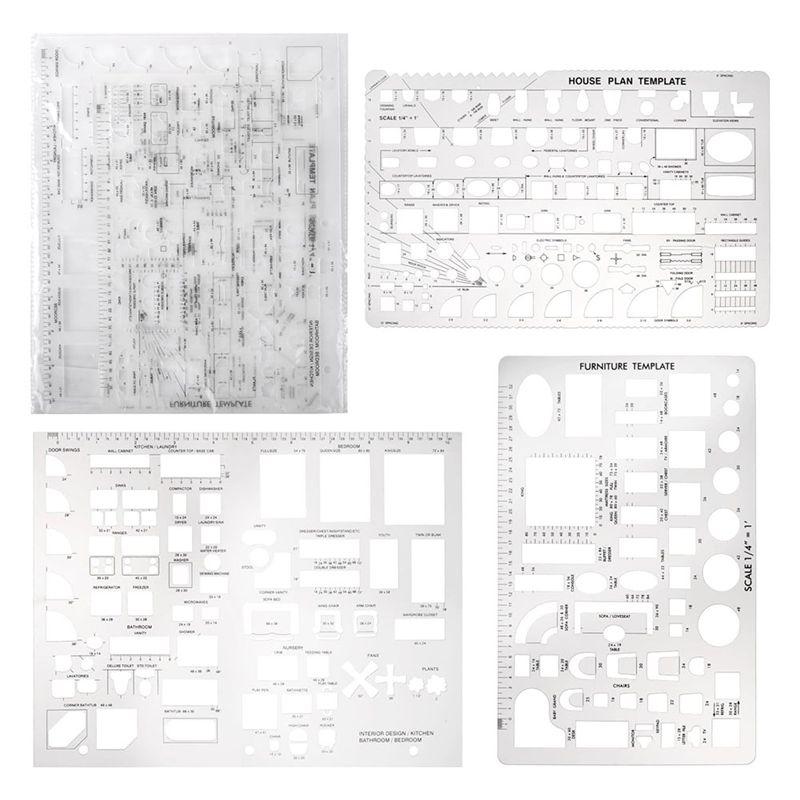 

AEE4-Drafting Tools And Ruler Shapes For Architecture - Set Of 3 For House Plan Furniture Kitchen, Building, Interior Design