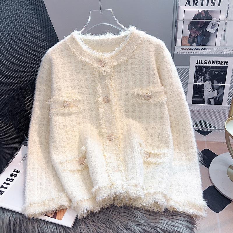 GMXIA Fragrant Wind Thousand Bird Check Sweater Coat Women's Autumn Winter Women's Imitation Mink Fringe Style Long Sleeve Knitted Cardigan Sweaters