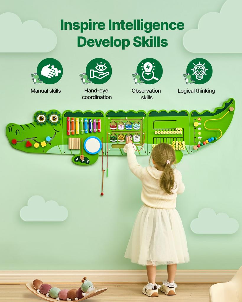 VEVOR Crocodile Activity Wall Busy Board, 9 Activities, Montessori Sensory Wall Panels Toy for Kids Ages 3-12, Interactive Learning Activity Center
