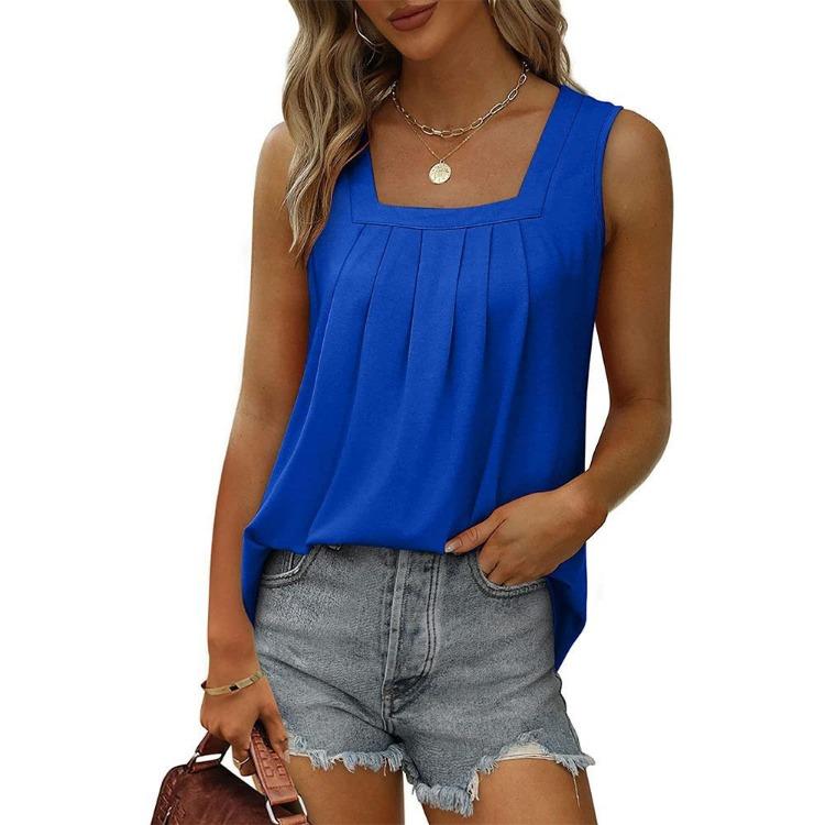 Summer Women T-shirt Sleeveless Vest Casual Square Neck Pullover Top Fashion Solid Color Pleated Female Clothing