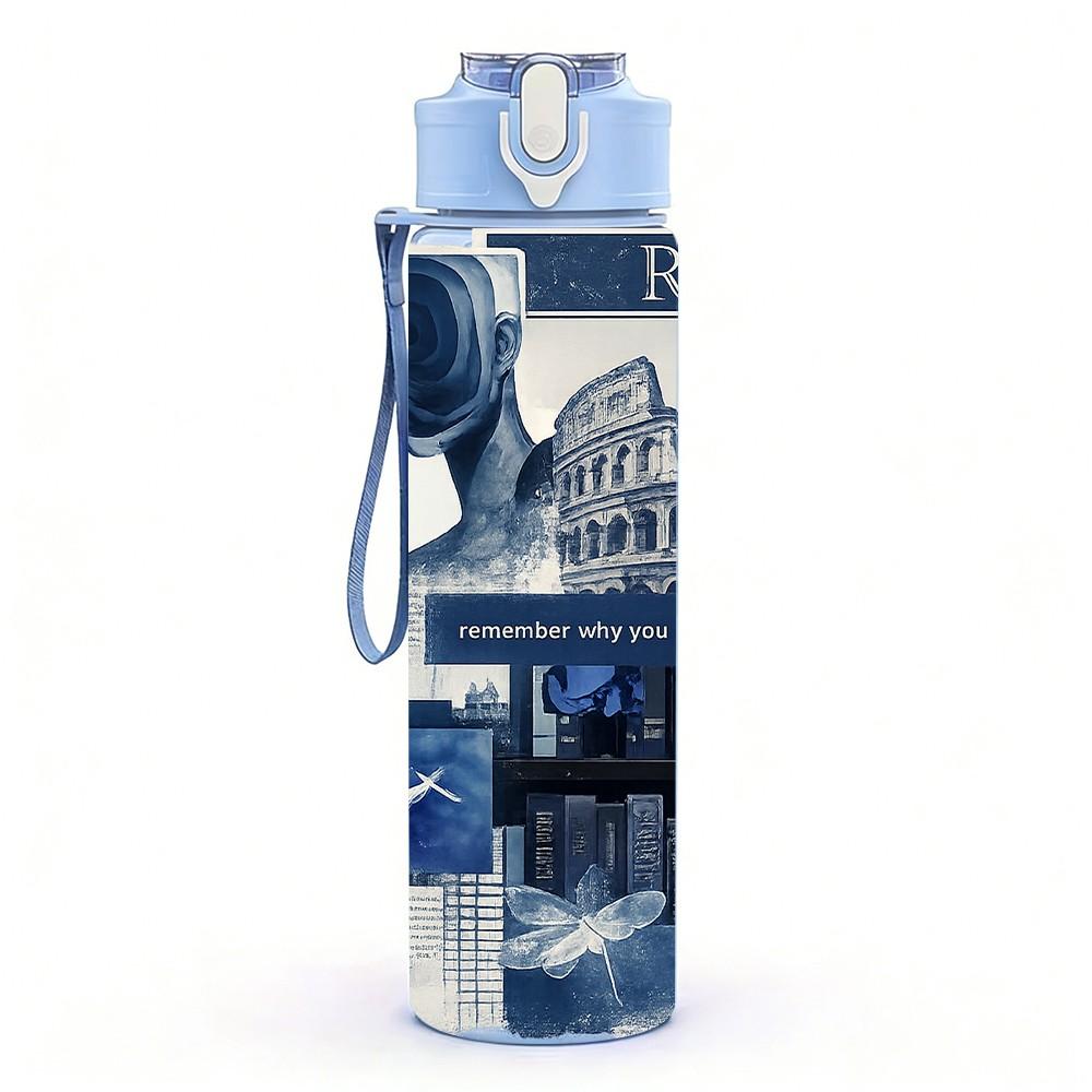 1PC Blue Tone Vintage City Collage Print 750ml Color Plastic Sports Water Bottle Leakproof Flip Straw Lid Suitable for Sports Office Home Use