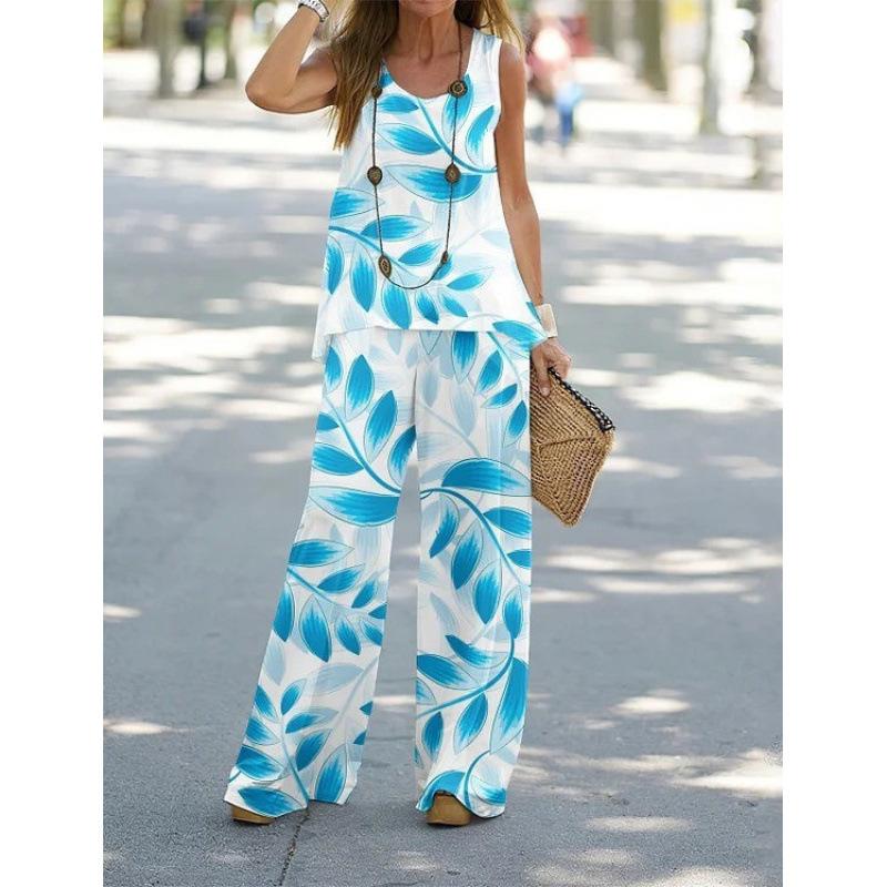 Damen-Freizeit-Zweiteiler mit Print, Weste mit elastischer Taille und Hose, Damenanzug.