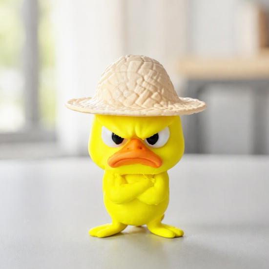 Angry Little Yellow Duck Figurine 4Pcs 3D Printed Figurines, Mini Grumpy with Straw Hat, Compact Ornament for Monitor Stand Cute Cross-Arms