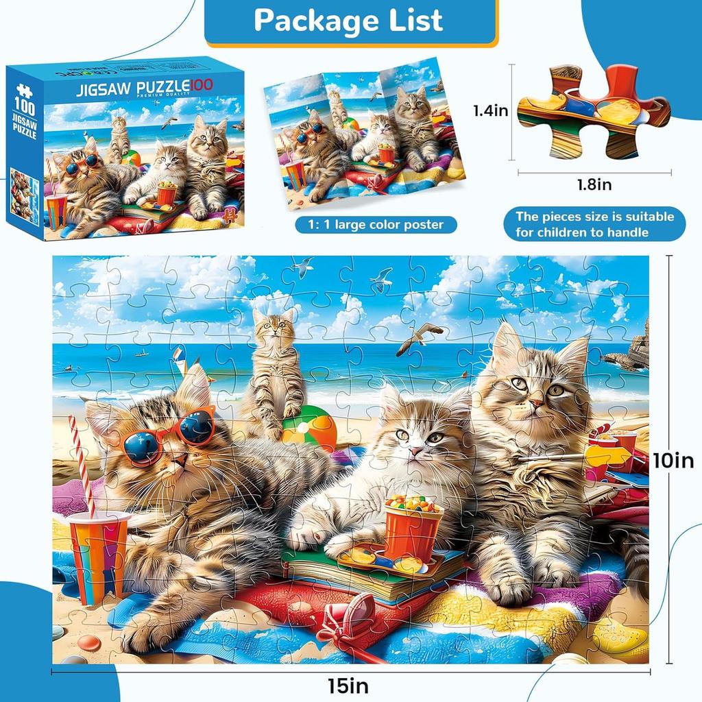 100 Piece Puzzles for Kids Ages 4-8, Beach Cat Puzzles Kids Puzzles Ages 4-6 6-8 8-10 Jigsaw Puzzles Floor Puzzles Children Educational Puzzle Toys