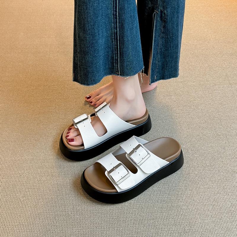 Genuine leather~~ Slippers women's summer outer wear new soft-soled thick-soled belt buckle casual versatile cool slippers