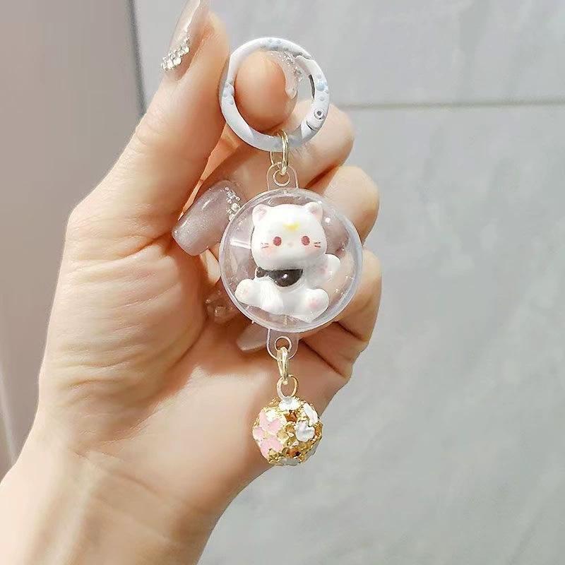 1PC Bag Ornament Accessory Cartoon Cat Keyring Cute Hanging Pendant 3D with Bell Keychain Cat Wind Chime