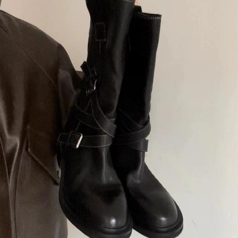 Cowhide Edition~ Retro Belt Buckle Medium Boots Western Cowboy Boots Skinny Thick-soled Fried Street Short Boots Female Knight Boots