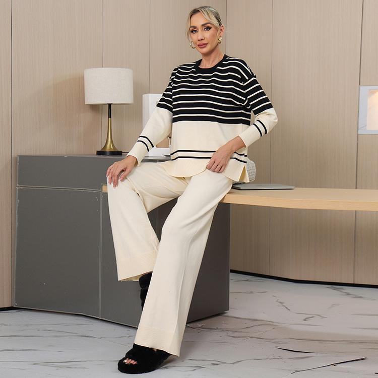 Otoño Invierno Mujer Casual Rayado Punto Suéter Pantalón Conjunto de Dos Piezas Manga Larga Jersey Tops y Pantalón de Pierna Ancha Chándal