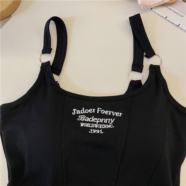 Spicy Girl American Letter Print Spaghetti Strap Racerback Tank Top with Chest Pads for Women