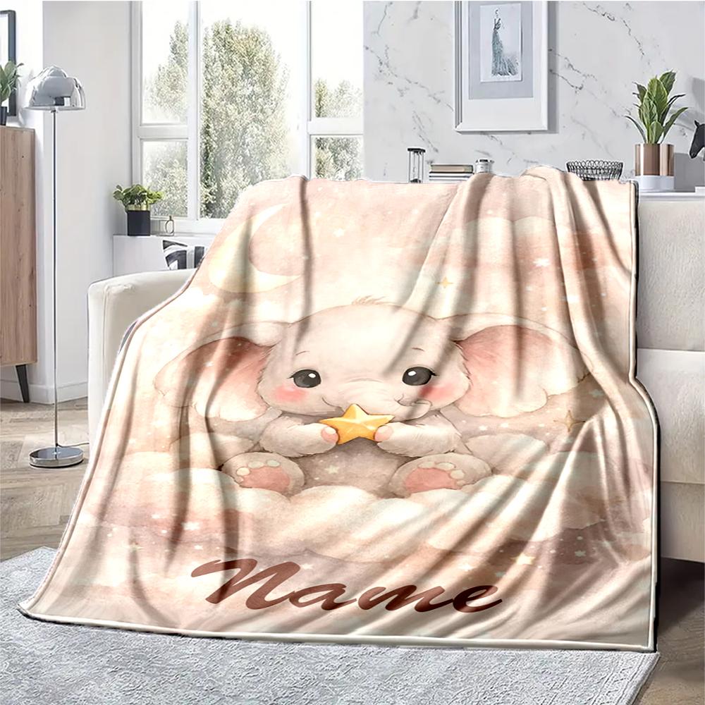 Custom Name A Elephant Theme Printed Blanket - Perfect for Couch, Bed, Travel & Outdoor Use | Machine Washable, Cozy & Durable.