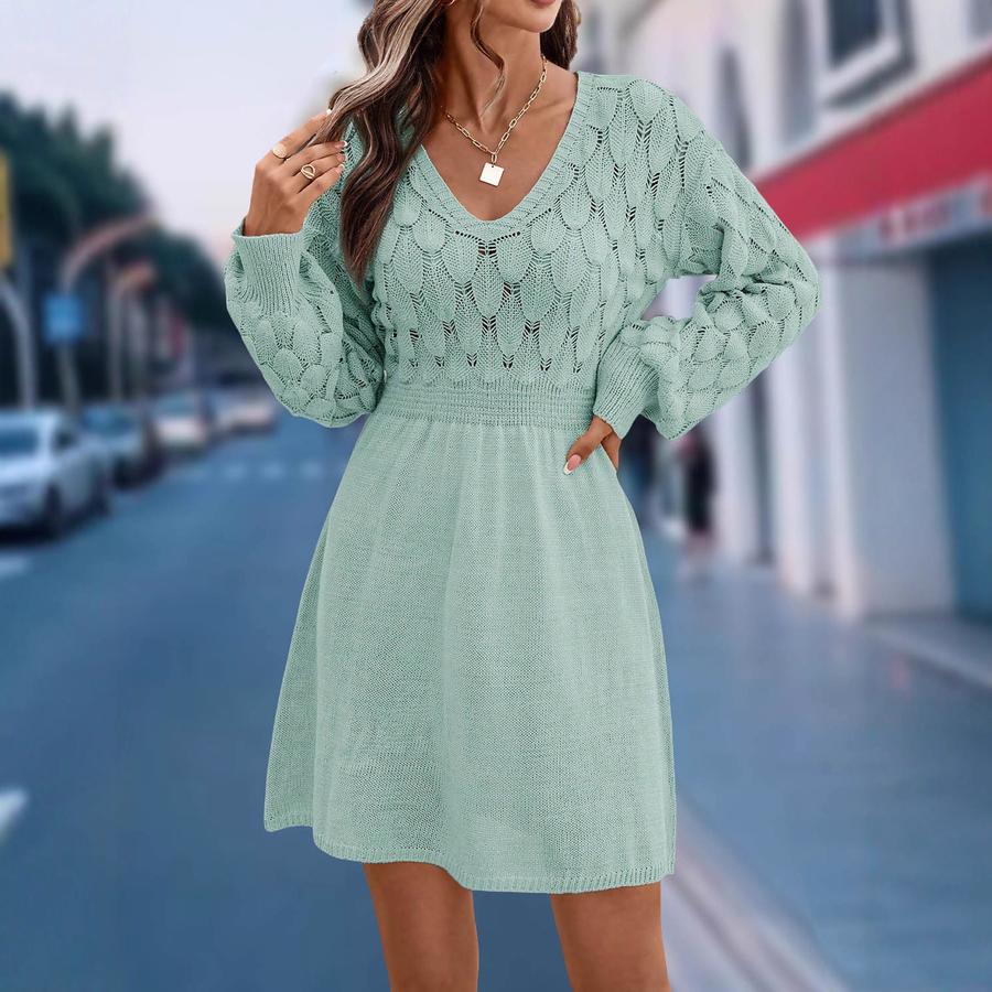 Scale Pattern 3D Knitted Dress New V-Neck Beach Dress A-Line Long Sleeve Dress