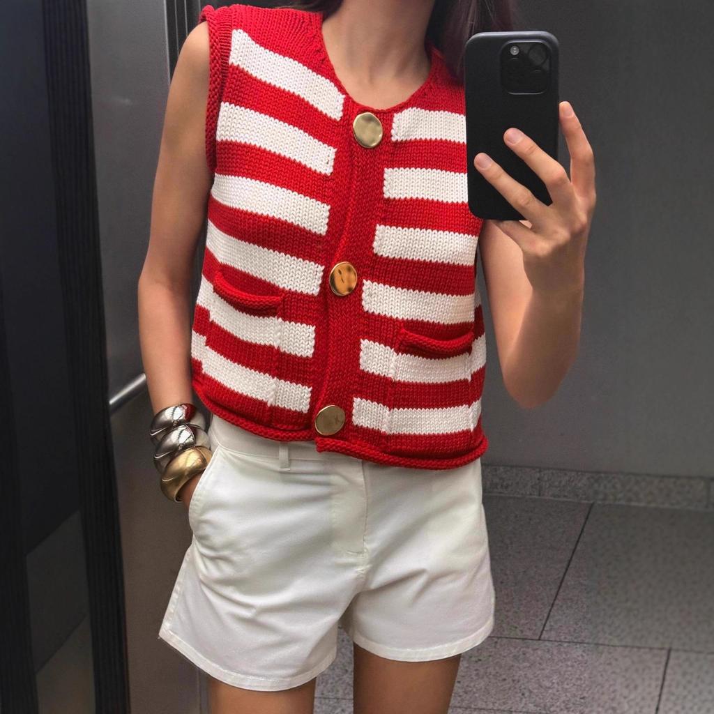 European and American Wholesale 2025 Autumn New Women's Clothing, Striped Knitted Sleeveless Crew Neck Vest Top, Pocket Vest