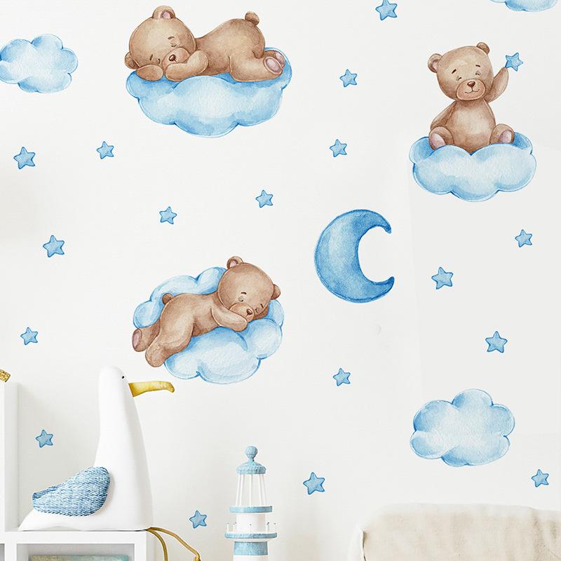 Cartoon Blue Teddy Bear Moon Wall Stickers For Kids Room Baby Nursery Decor Bedroom Wall Decals