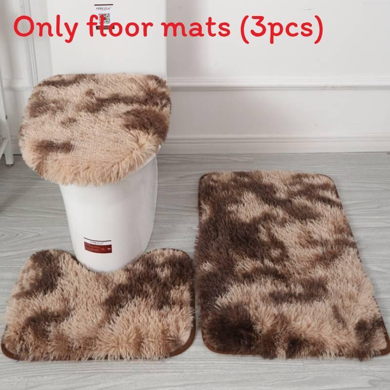 Non Dye Tie Slip Mat Fluffy Plush Bathroom Toilet Seat Cover Carpet 3 Piece Set