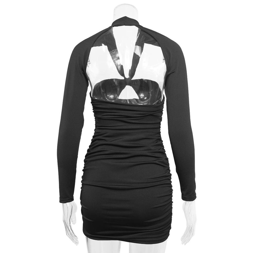 European and American V-neck Splicing Hip Dress: 2024 Autumn/Winter Sexy Long-Sleeve Hollow Women's Outfit