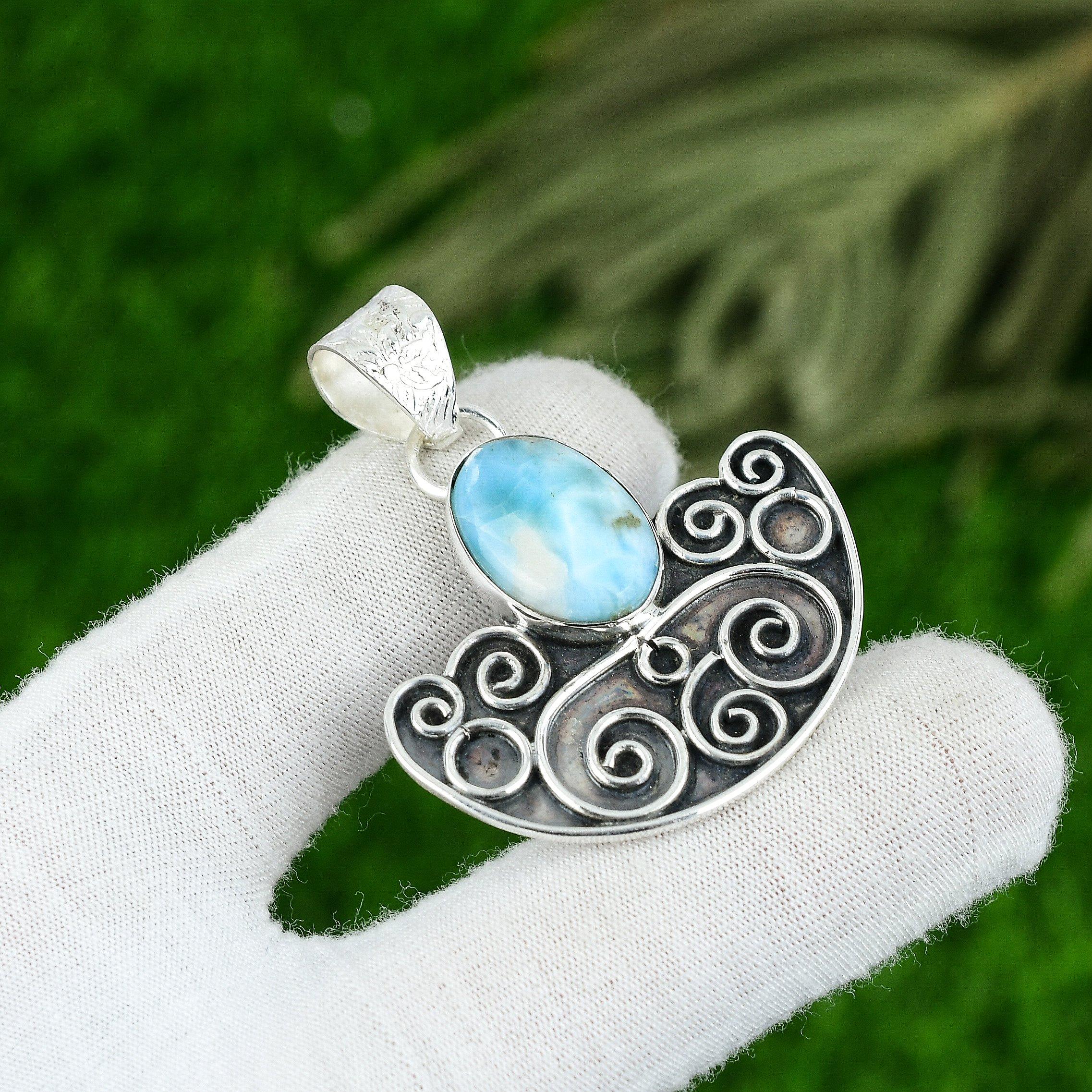 

Sterling Silver Oval Larimar Gemstone Birthday Elegant Wedding Pendant Jewelry