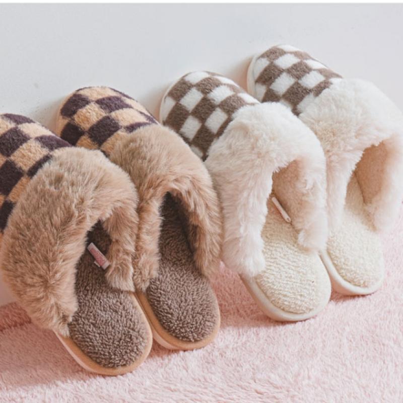 Daiso Block Check Fleece Lining Clogged Living Room Shoes 220 240 Mm Ivory
