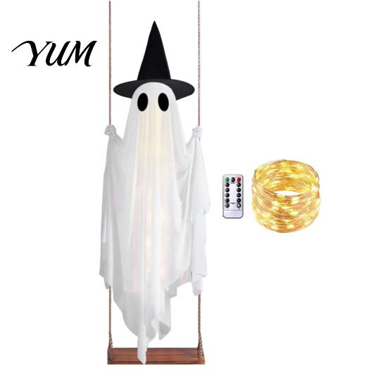 Ghost Decor for Porch Windows Halloween Hanging Swing Decoration with Witch Hat, Spooky Outdoor Haunted House Ornament String Light And Remote Control