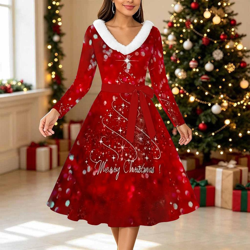 Women Christmas Print Midi Dress, Long Sleeve V‑Neck Furry Trim A‑Line Party Dress, Christmas Limited Edition