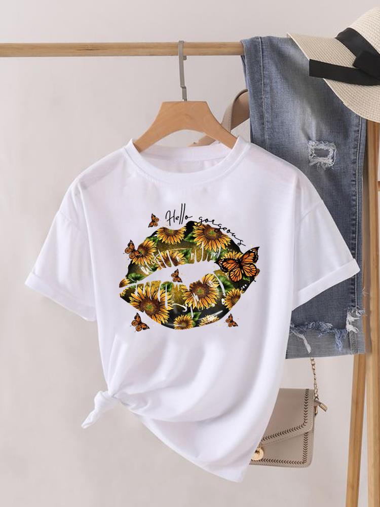 Kwiatek Słodki Trend lat 90. Uroczy Krótki Rękaw Nadruk Moda Graficzny T-shirt Kobiety Top Pani Damska Koszulka Tee Okrągły Dekolt Odzież Ubrania