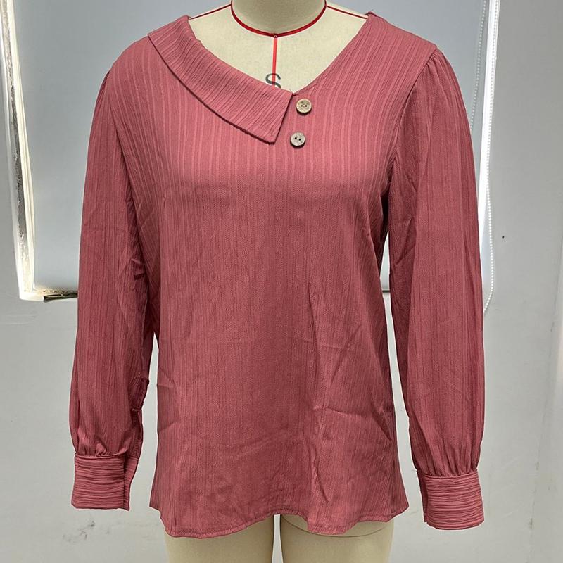 Autumn Simple V-neck T-shirt Womens Solid Color Long Sleeve Woman Shirt Oblique Neck Button Office Lady Pullover Tops 30421