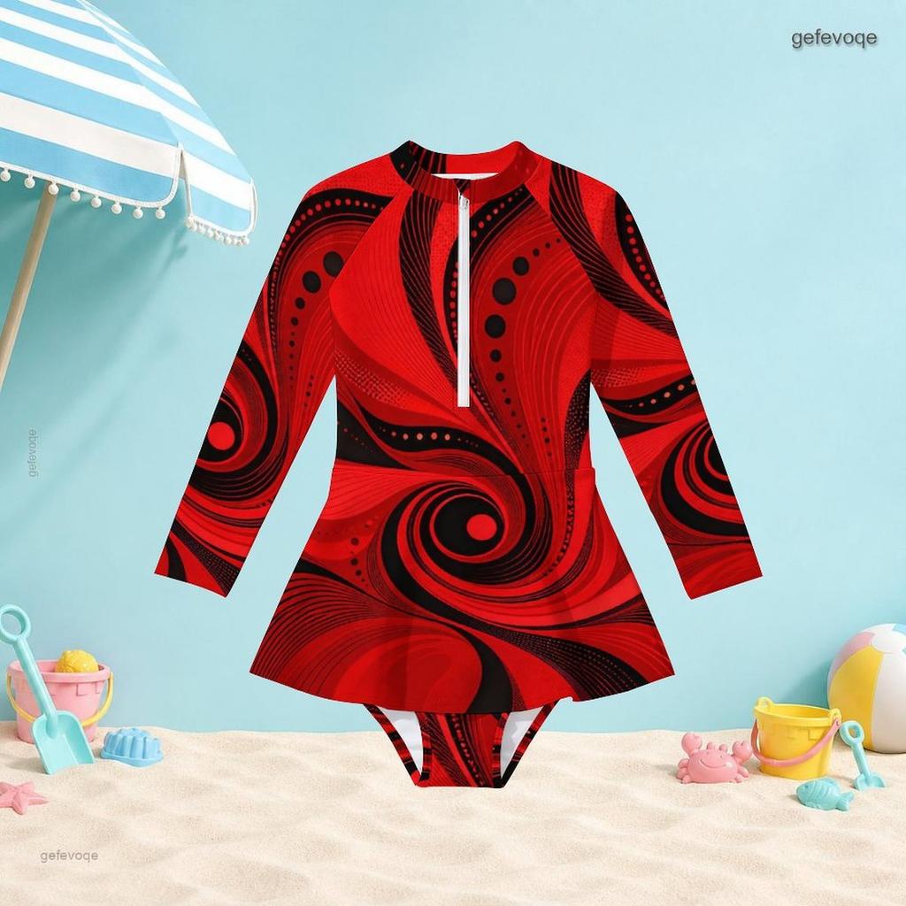 Girls High Neck Long Sleeve One Piece Swimsuit Printed Front Zip Skirt Hem