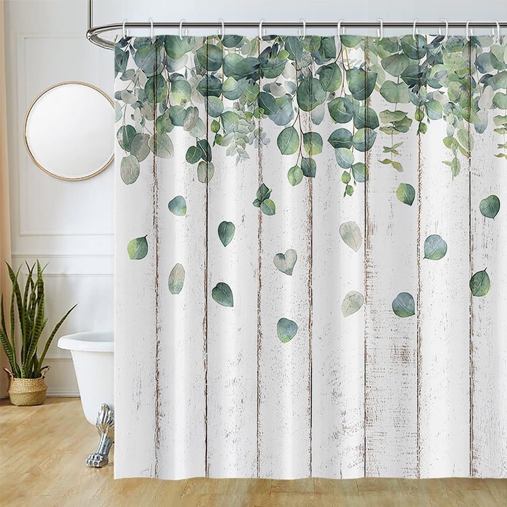 Green Plant Leaf Pattern Shower Curtain Waterproof Polyester Fabric Bathroom Decorative Shower Curtain 12 Hooks