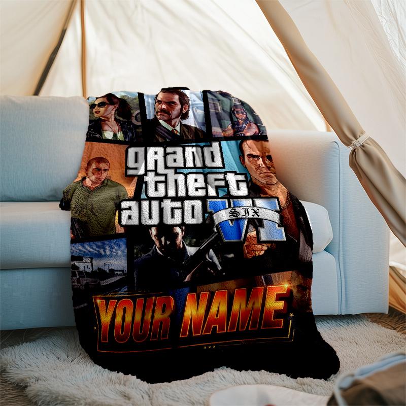 1pc Personalized Name GTA Theme Blanket - Digital Print, Polyester, Cozy for All Seasons, Perfect for Outdoor, and Travel