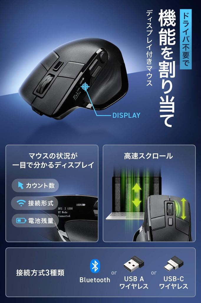 SANWA DIRECT Wireless Bluetooth Silent Customizable with LCD Display Multi-Button Mouse, 2.4GHz, High-Speed Scrolling, Operation, Buttons,