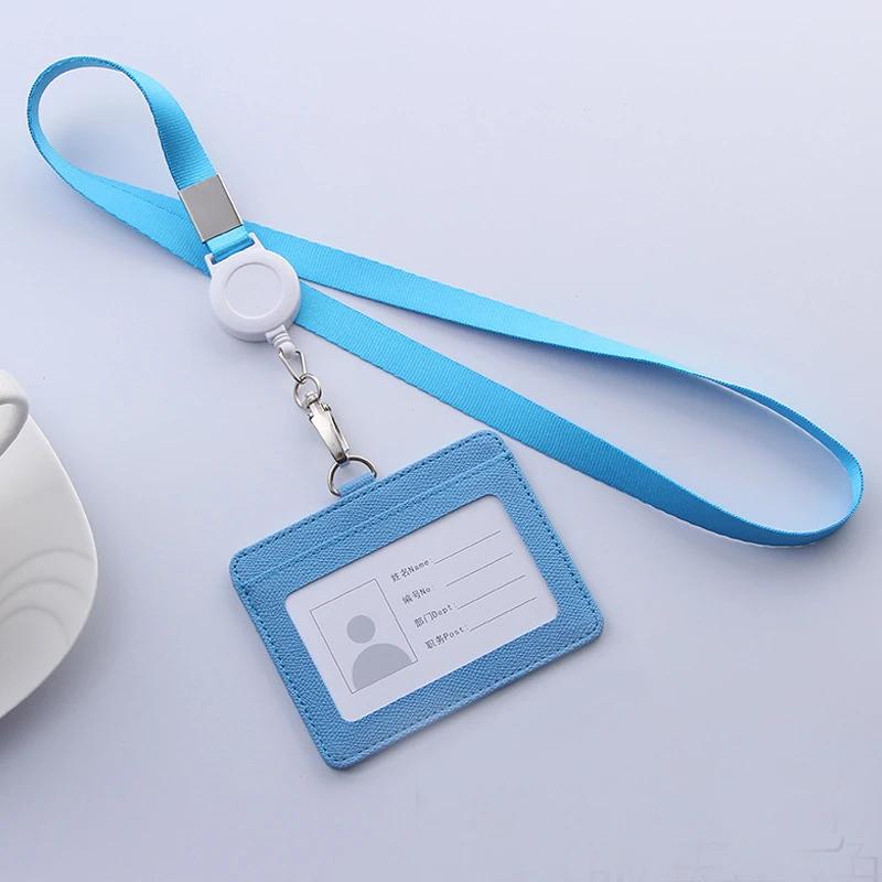 Retractable Lanyards ID Badge Holder Leather Bank Bus Pass Card Case Cover Men Women's Bank Credit Card Holder Strap Cardholder