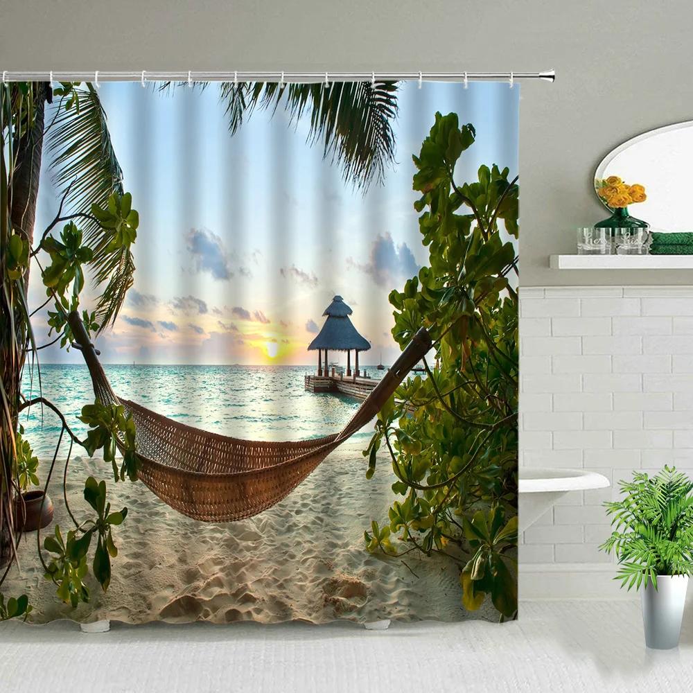 Hot Sale Natural Landscape Wooden Bridge Waterfall Shower Curtain Set Spring Scenery Green Forest 3d Waterproof Hanging Curtains