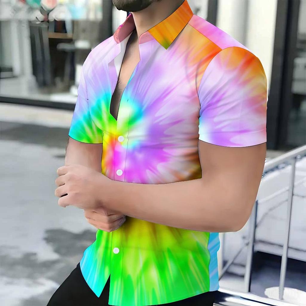 Women Short Sleeve Shirt Red Purple Cyan Spiral Tie Dye Print Lapel Button Up Top