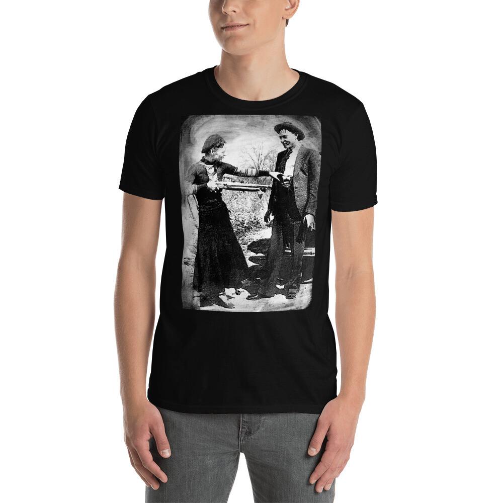 

Painting Of Bonnie And Clyde Mock Hold Up Mug Shot TShirt Unisex T-Shirt XXXL
