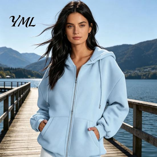 Fall Winter Hoodie Zip-Up Hoodies for Women, Loose Fit Drawstring Hooded Jacket with Women Sweatshirt Pocket, Long Sleeve Casual Coat Soft Tops