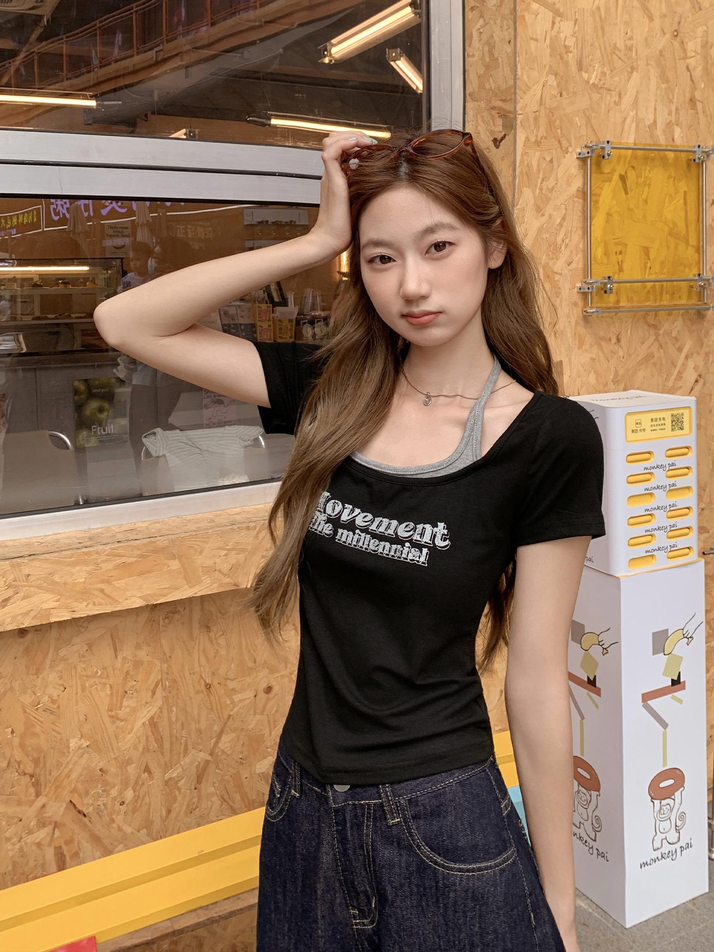 

American retro black printed fake two-piece short-sleeved T-shirt women s summer new slim-fitting and thin shoulder top S чёрный