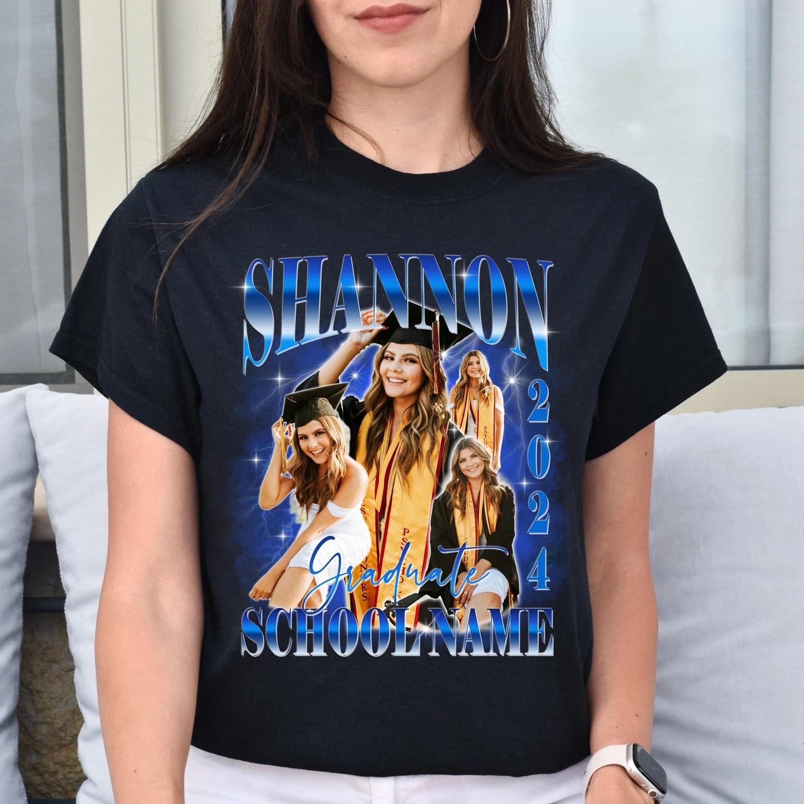 Custom Graduation Unisex T-Shirt Your pictures graduate tee Senior tee Black Nav L