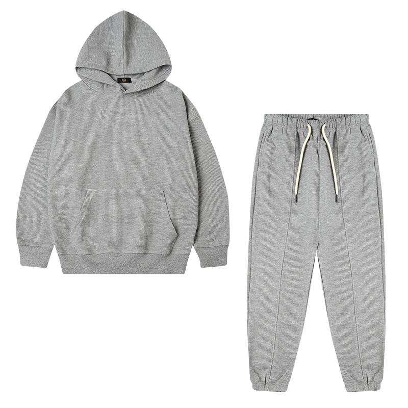 Kinder Hoodie Set 320G Waffelstrick Dick Einfarbig Jungen Mädchen Freizeit Sportbekleidung Zweiteiliges Outfit