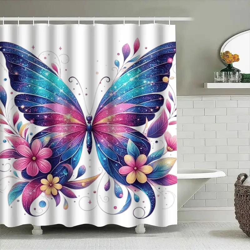 Colorful Butterfly Shower Curtain Decorative Bath Linen With 3D Flowers Waterproof Fabric For Bathroom Available In Custom Sizes
