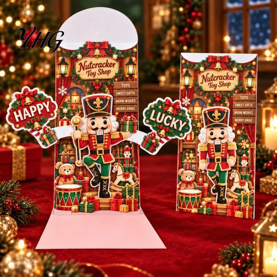 Retro Style Christmas Cards 3D Pop Up Card, Money Gift Card Holder with Handwritten Holiday Blessing Cash Slot, Hummingbird Santa Reindeer Design,
